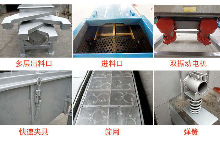 多層直線振動篩出料口，篩網，彈簧，快速夾具，振動電機等